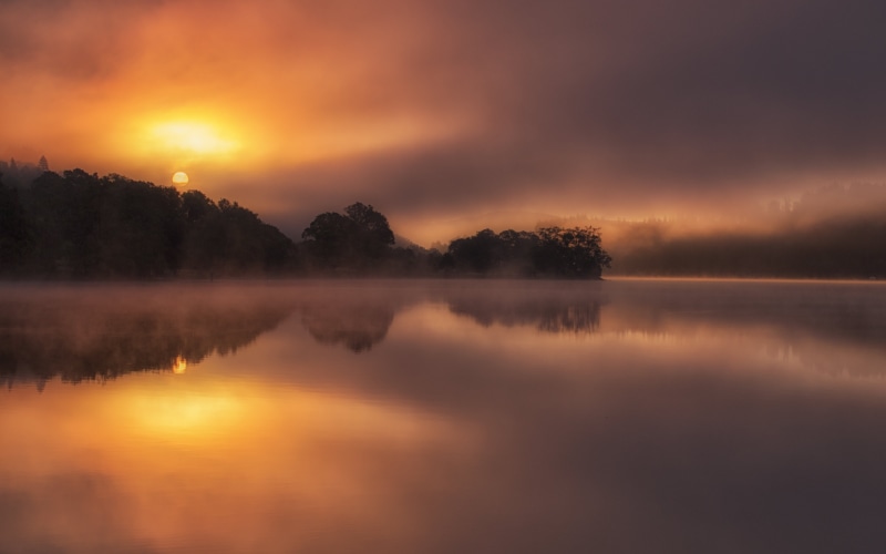 sky, Loch Achray, lake, reflection, forest, loch, tranquil Scene, mountain, beauty In Nature, dusk, Sunrise, untitled, landscape, Trossachs, water, 5K