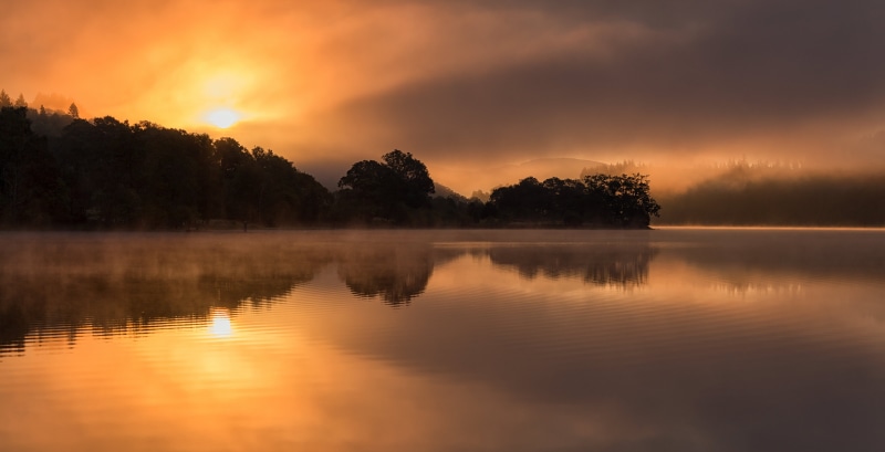 clouded, sky, surrounded, sun, body, morning, nature, 5K, sunrise - Dawn, beauty In Nature, body of water, Scotland, Landscape, lake, tranquil Scene, forest