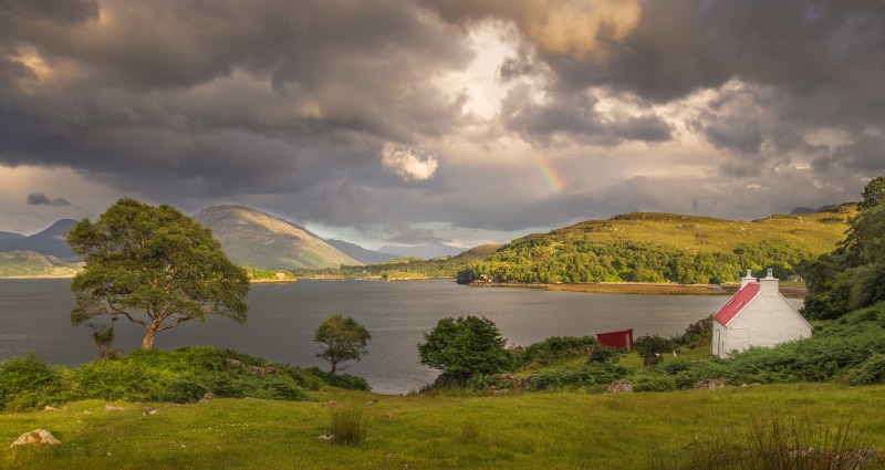 landscape photography, near, Rainbow  Landscape, Nikon D610, clouds, sky, white house, Scotland, Loch Torridon, photography, day, landscape, nature, Lake  House