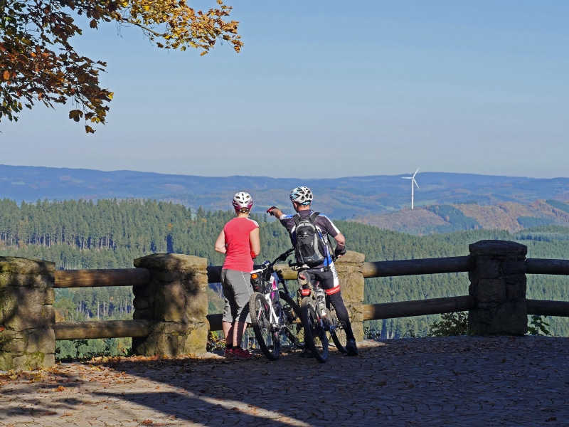 mountain bikers, plant, full length, people, women, high done, men, distant view, nature, sauerland, casual clothing, rear view, sky, ridge, leisure activity