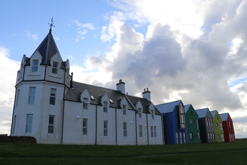 cloud - sky, building exterior, day, sky, outdoors, tourist, spire, low angle view, 5K, scenery, john ogroats, highland, tourism, adventure, grass, nature