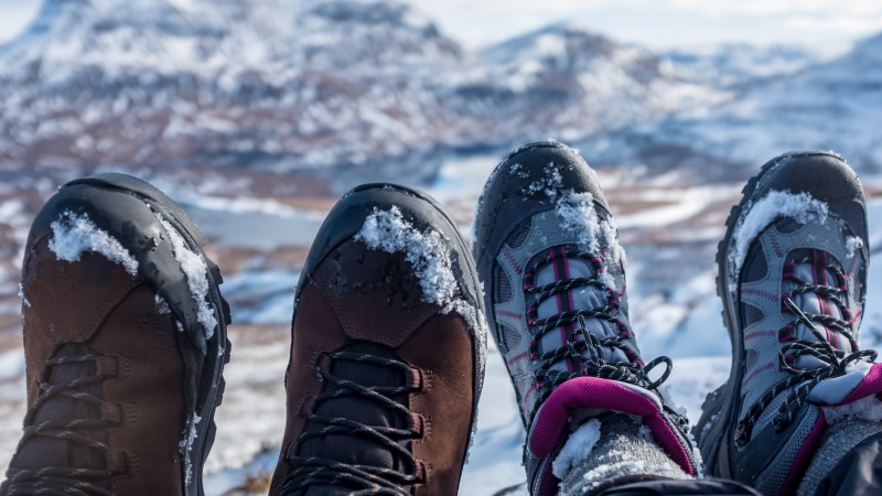 low section, snowcapped mountain, mountains, leisure activity, unrecognizable person, snow, stac pollaidh, shoe, boots, ice, cold temperature, 4K, human leg