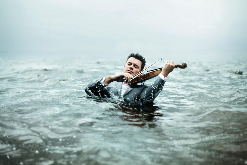 fiddler, violin, water, 1080P, 3d and abstract, playing, artistic, ocean