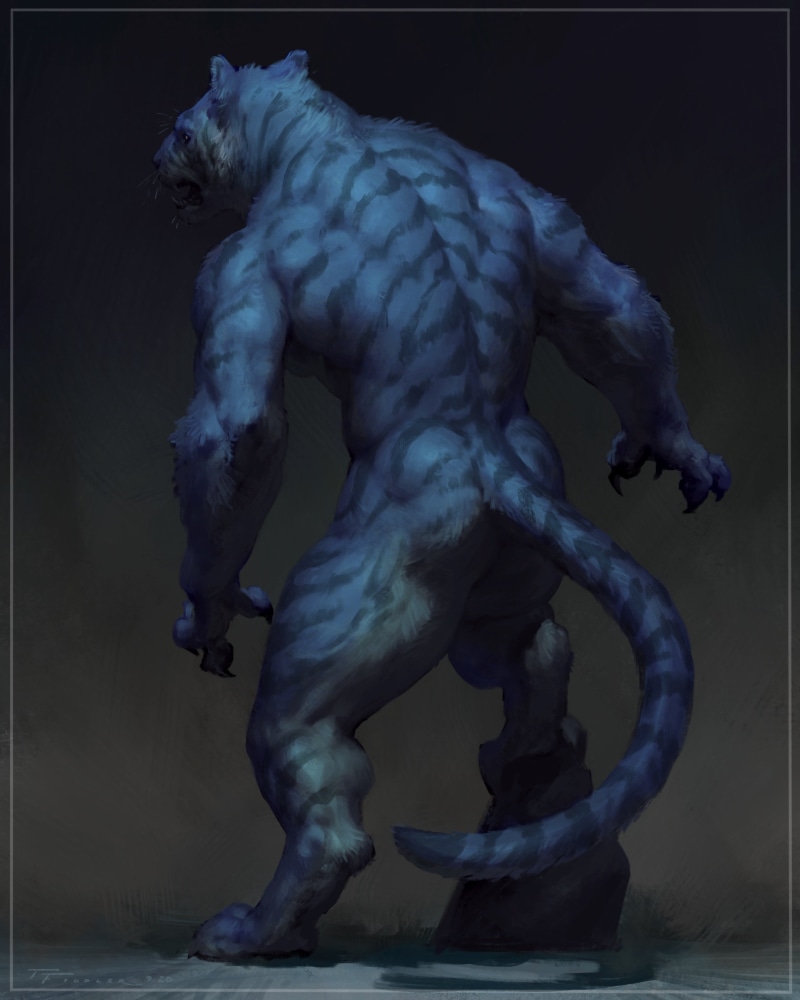 simple background, fur, digital painting, claws, furry, mist, ArtStation, 4K, standing on one leg, portrait display, standing, artwork, Taran Fiddler