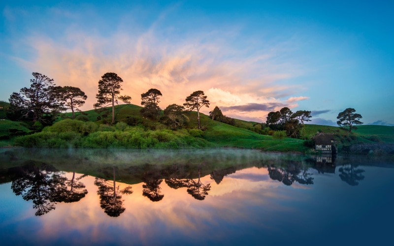 cloud - sky, lake, landscape, waterfront, tranquil scene, scenics - nature, orange color, idyllic, plant, beauty in nature, sunset, New Zealand, Hobbiton