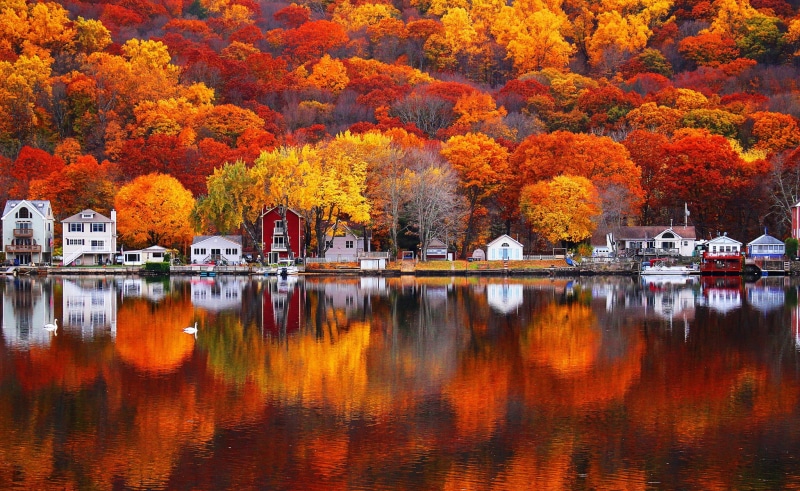 lake, architecture, no people, photography, building, plant part, nature, change, scenics - nature, autumn, outdoors, beauty in nature, orange color, leaf