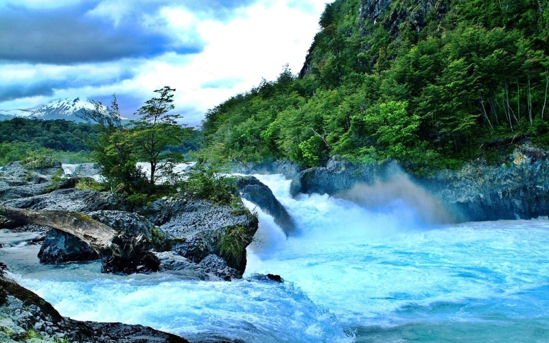 land, river, landscape, plant, motion, mountains, shrubs, clouds, forest, tree, flowing water, 1080P, nature, rock, power in nature, snowy peak, day, waterfall