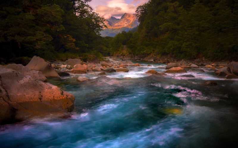 landscape, clouds, 1080P, river, trees, sunset, mountains, rapids, nature