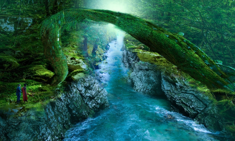magic, rapids, waterfall, green, motion, turquoise colored, scenics - nature, fantasia, water, forest, flowing, rock - object, tranquility, power in nature