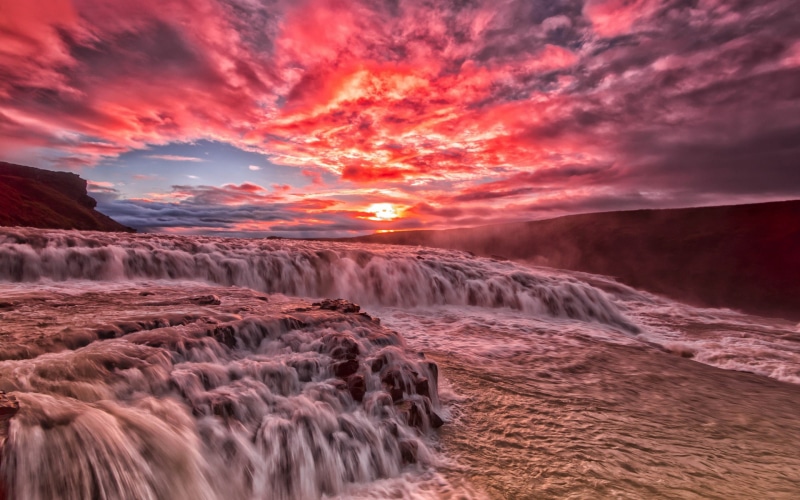 Beautiful, Red, Glow, 1080P, Clouds, Sky, Stream, River, Rapids, Sunset