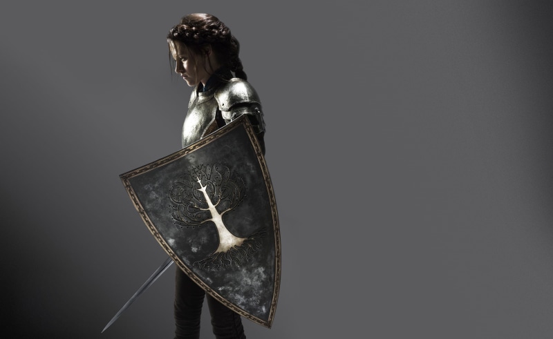 side view, indoors, gray, damaged, woman, metal, shield, snow white, no people, kristen stewart, 2K, human representation, illustration, carrying, clothing