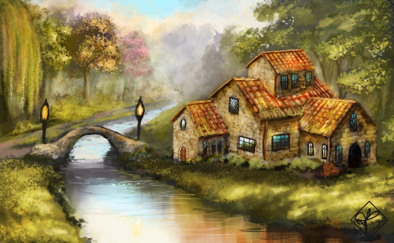 building, tranquil scene, trees, forest, change, house, no people, pollution, brown, building exterior, lights, nature, outdoors, painting, tree, plant