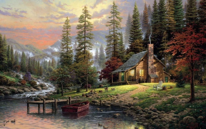 sunset, artwork, pier, Cabin, forest, dog, mountains, Trees, painting, river, nature, house, boat, Thomas Kinkade, 1080P, landscape, clouds, mist, Stones