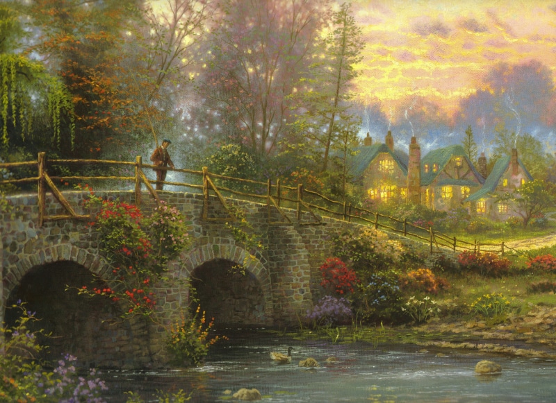 art, season, architecture, river, the evening, one person, bridge, standing, fog, built structure, leaf, leisure activity, footpath, autumn, real people