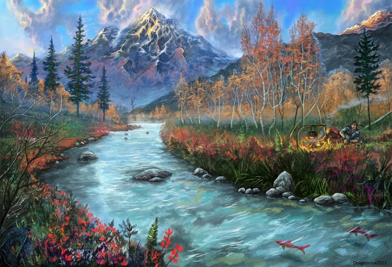 scenics - nature, motion, river, flowers, beauty in nature, stones, fish, flowing, art, painted landscape, environment, flowing water, non-urban scene