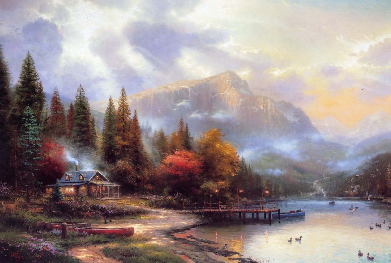 river, house, autumn, painting, thomas, mountain, 1080P, kinkade