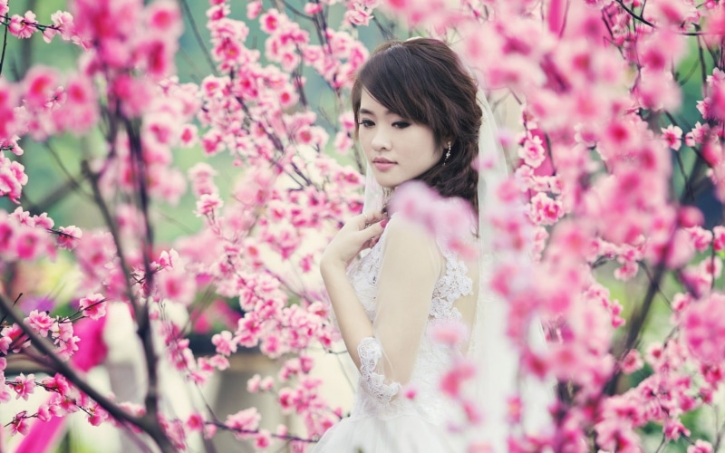 Spring, Girl, Asian, 1080P, Flowers, Pink, Garden