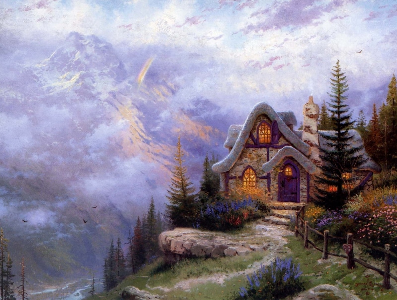 snow, rural Scene, stone, house, the slope of the mountain, season, sky, woodland, spirituality, no People, scenics, mountains, green, painting, religion
