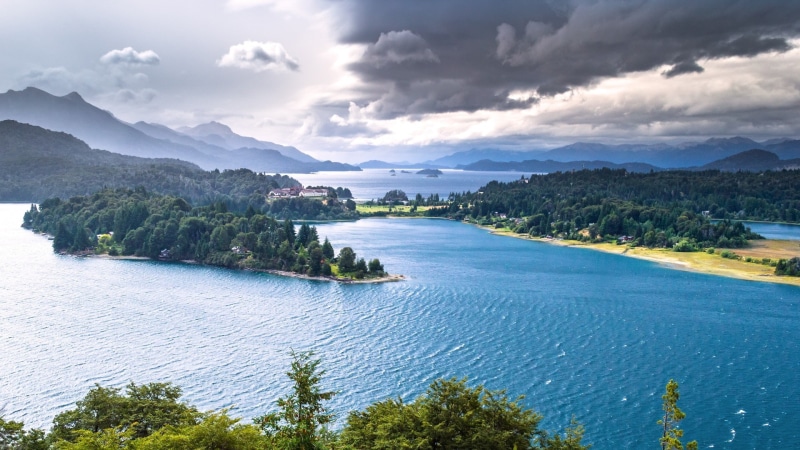 mountains, landscape, 1080P, clouds, trees, bariloche, lake, nature, water, forest, Argentina, island, hills, house