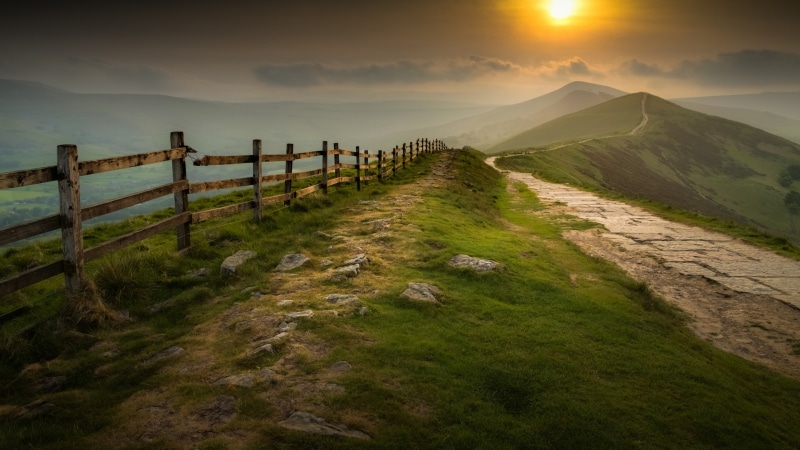 hill, grassland, sun, morning, fence, sky, highland, 4K, grass, sunlight, path, mountain, fog