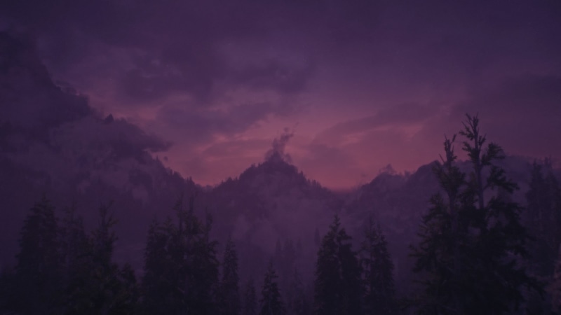 tree, plant, fog, silhouette, trees, scenics - nature, dusk, environment, The Elder Scrolls V: Skyrim, purple, pine trees, tranquil scene, pine
