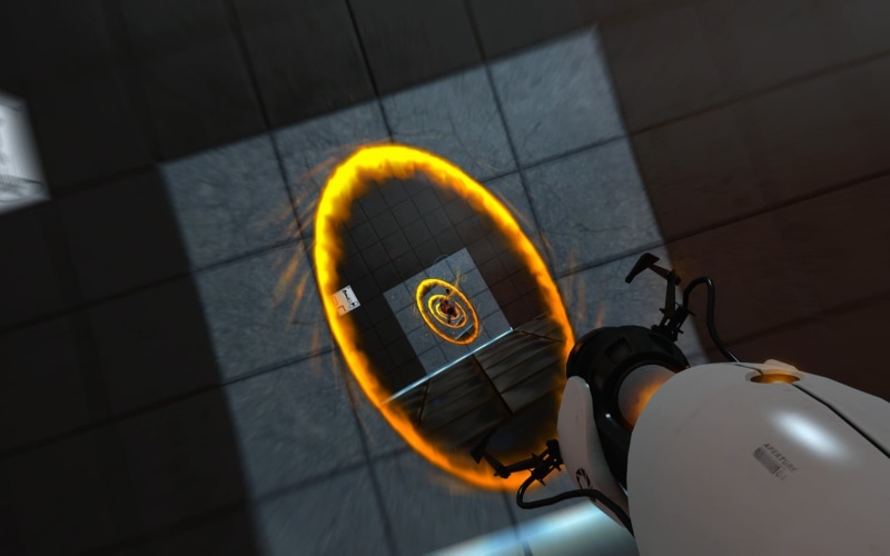 beats, dr, sign, city, video games, fall, technology, outdoors, mode of transportation, Portal (game), street, high angle view, shadow, no people, Portal Gun