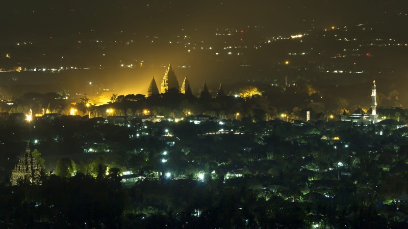 outdoors, indonesia, built structure, temple, no people, light, skyscraper, yogyakarta, 4K, city, residential district, mosque, building, architecture