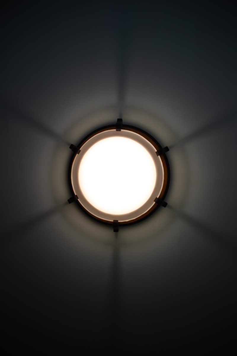 light source, 4K, light, low angle view, grille, architecture, directly below, building, clock, technology, illuminated, shadows, light fixture, electric light