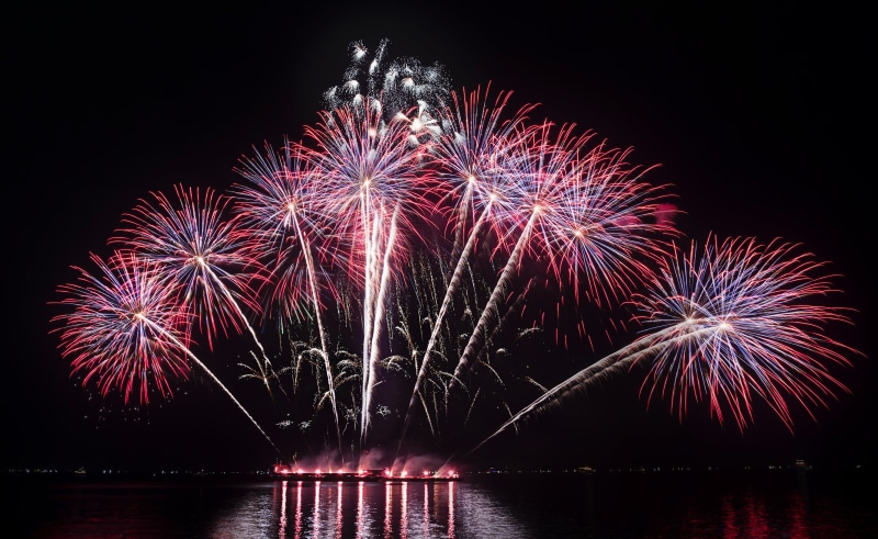 digital, nature, reflection, firework - man made object, firework, multi colored, water, event, night, celebration, no people, sky, light, 4K, new years eve