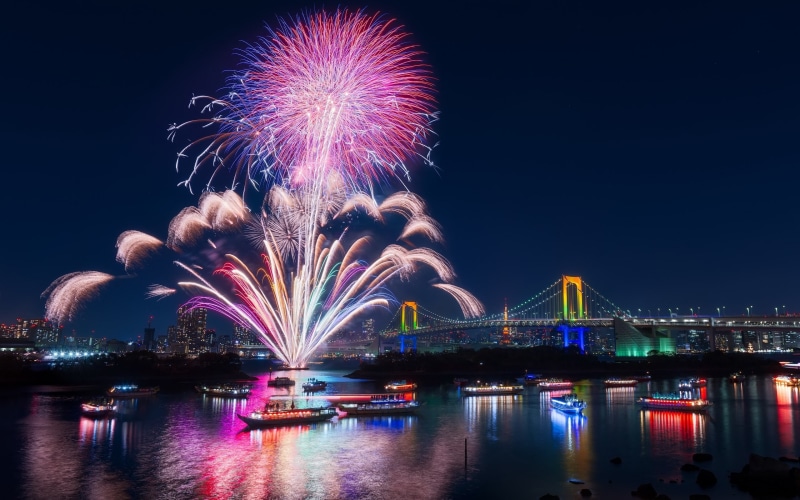 light, firework, no people, built structure, nightlife, 2K, cityscape, bridge, Tokyo, Japan, celebration, firework display, bridge - man made structure