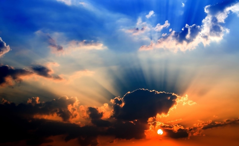 sunbeam, majestic, cloudscape, sunset, tranquility, Sun and Sky, Sunbeams, Through, orange color, beauty in nature, bright, tranquil scene, Clouds, dark