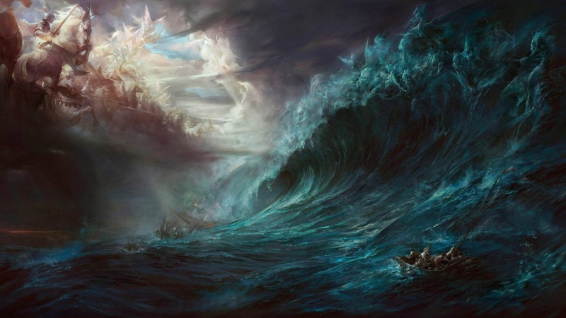 horses, hd, landscapes, seahorse, art, ships, sunbeams, clouds, animals, ocean, storm, waves, people, 1080P, fantasy