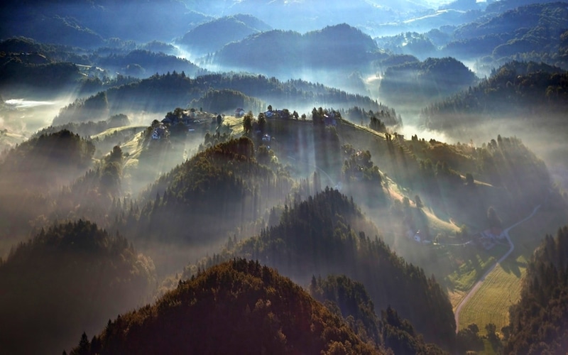 fog, outdoors, tree, villages, beauty in nature, sun, mountain, tranquil scene, aerial view, no people, environment, sky, morning, trees, scenics - nature