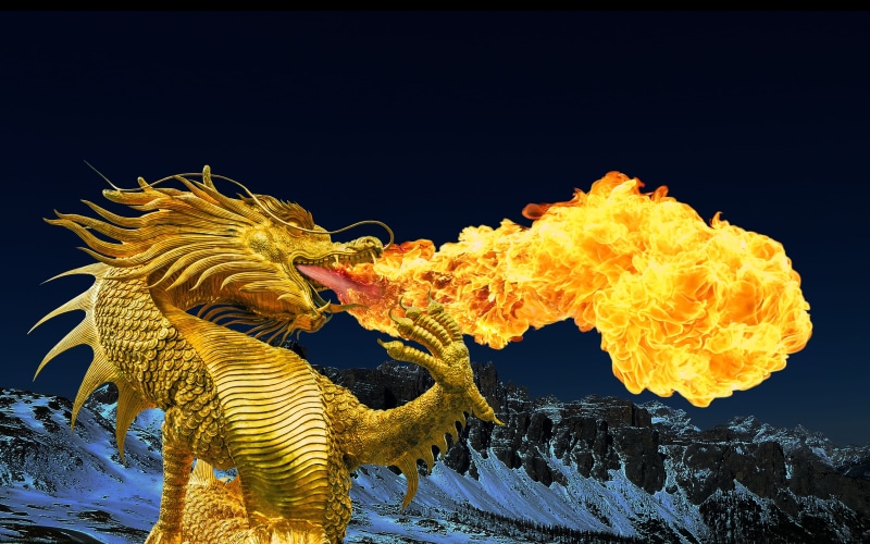 close-up, yellow, animal wildlife, animal representation, Golden Dragon, animals in the wild, animal, breathing, one animal, broncefigur, sea, Fire Breathing