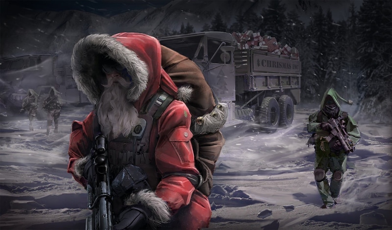 winter, transportation, hood - clothing, women, snow, cold temperature, adult, soldiers, elves, G36K, land vehicle, nature, Christmas, one person, illustration