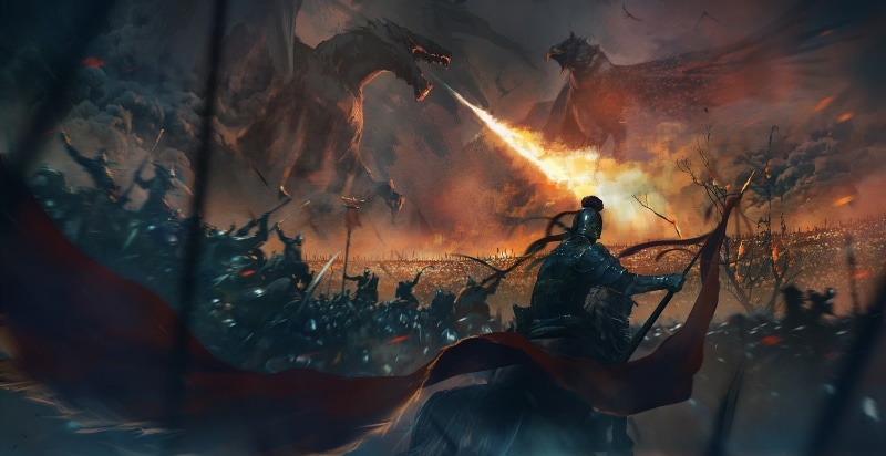 warrior, flag, dragon, 720P, army, digital art, fantasy art, fire