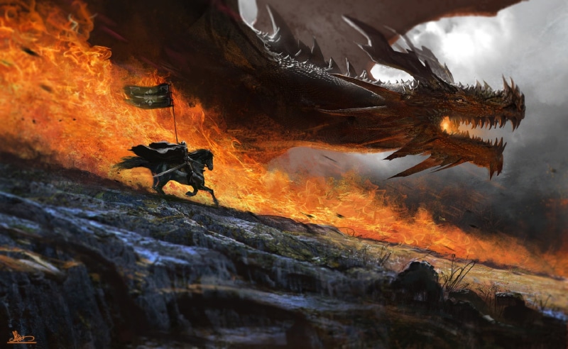 fantasy art, Alejandro Olmedo, flag, fire, horse, knight, dragon, soldier, warrior, digital art, 1080P
