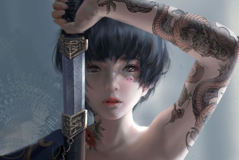 1080P, art, tattoo, sword, look, fantasy, girl, Japan
