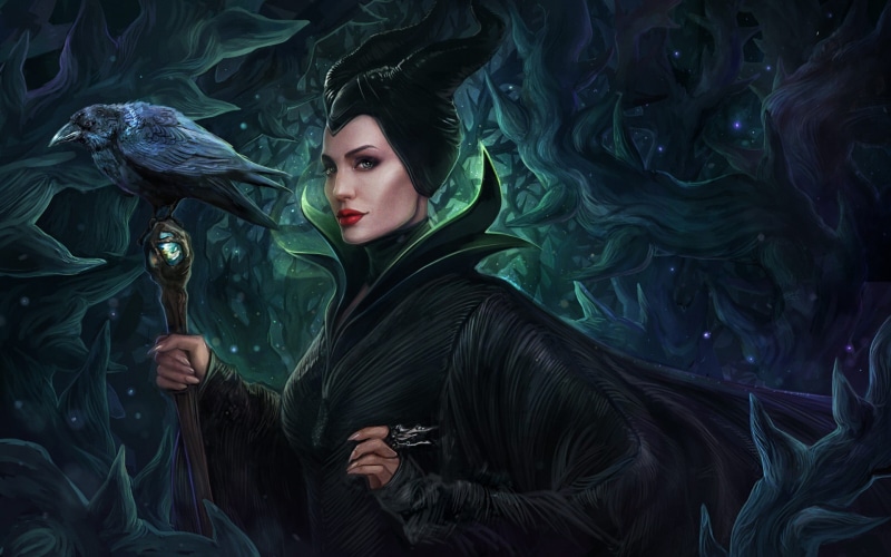 drawing, Angelina Jolie, Maleficent, Demona, Disney, artwork, thorns, crow, 1080P