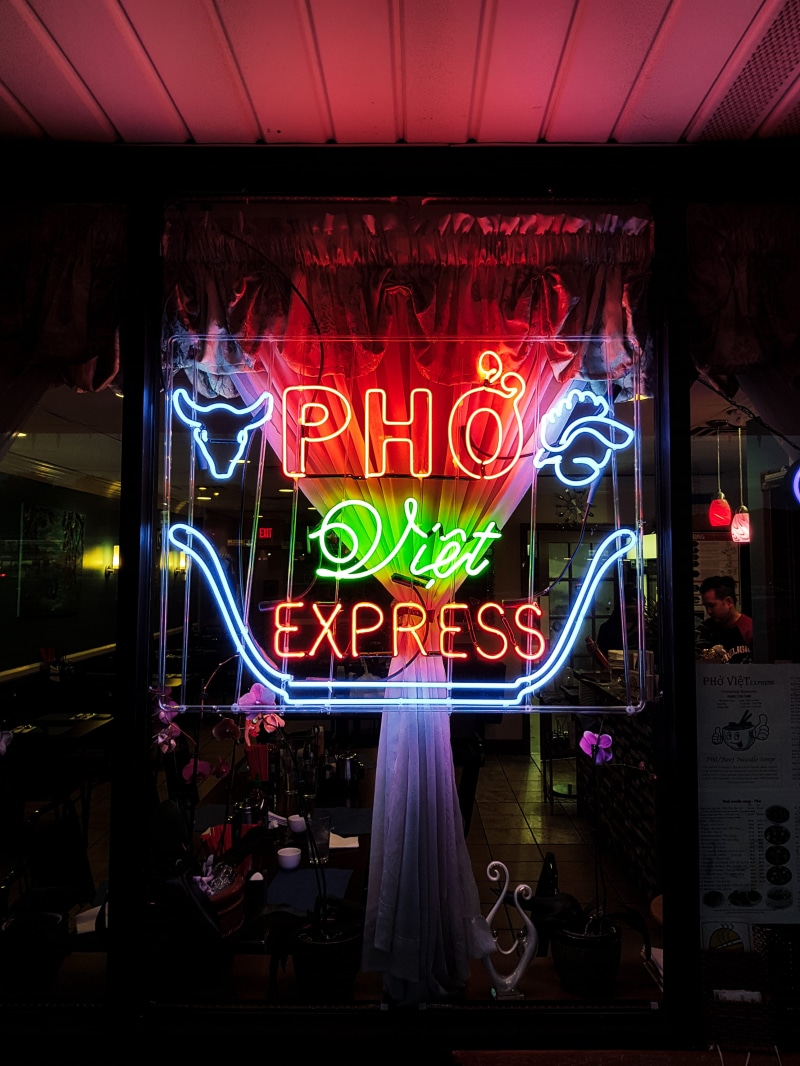 vertical, city, night, nightlife, new york, neon, text, lighting, red light, commercial sign, sign, glowing, 1238 nj-166, no people, vietnam, store, restaurant