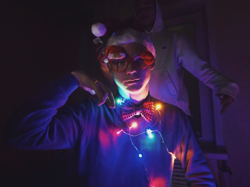 looking at camera, club, human, glowing, accessories, front view, night life, clothing, person, young adult, real people, night, one person, 4K, leisure activity