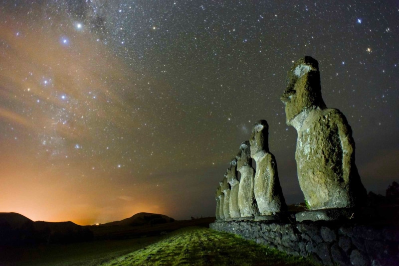 Easter Island, Chile, human representation, architecture, scenics - nature, Moai, Starry Night, art and craft, outdoors, astronomy, universe, rock, Monuments