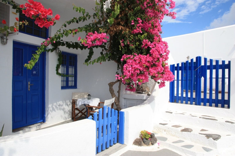 Greece, wicket, building exterior, tree, fence, white, beauty in nature, House, Flowers, 1080P, gate, nature, bougainvillea, sky, residential district