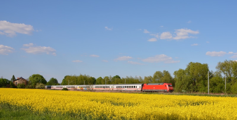 4K, nature, red, daytime, intercity, rural Scene, yellow, db, train, summer, field, farm, oilseed Rape, agriculture, panoramic, photograph