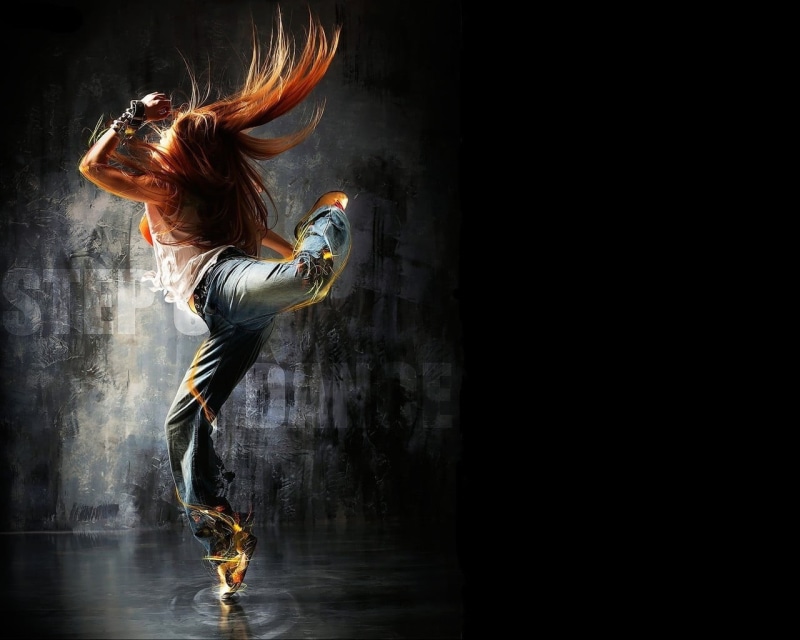hairstyle, black background, hair, one person, dancing, denim, studio shot, black, motion, pants, full length, adult, stage, redhead, women, copy space