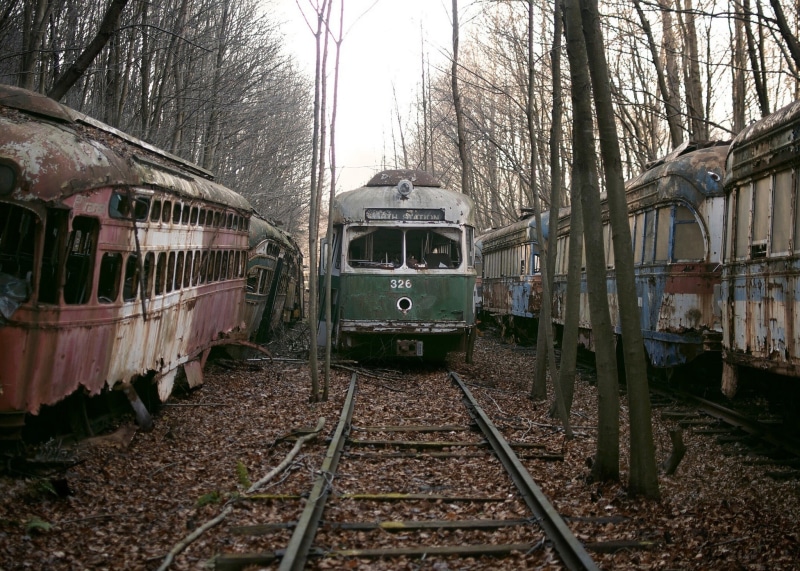 rail transportation, railroad track, abandoned, 1080P, tree, plant, public transportation, transportation, vehicle, wreck, obsolete, day, track, old, train