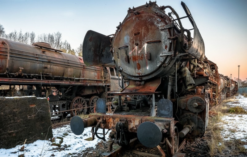 vehicle, deterioration, 1080P, decline, track, sky, wreck, steam train, black, outdoors, locomotive, train - vehicle, brown, no people, machine, mode of transportation