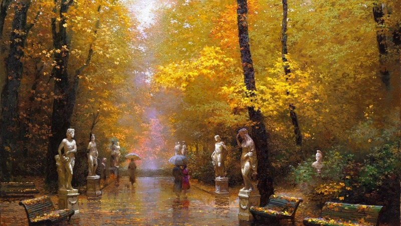 nature, tree, rain, multi Colored, color Image, famous Place, lifestyles, beauty In Nature, sharing, women, leaf, change, outdoors, one, yellow, park - Man Made Space