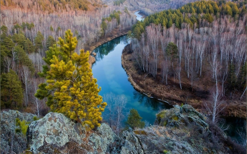 scenics - nature, landscape, solid, idyllic, reflection, nature, tranquility, river, beautiful, siberia, autumn, 4K, hd, rock, no people, sky, non-urban scene
