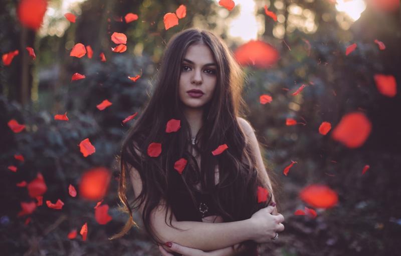 fallen leaves, David Olkarny, brown eyes, arms crossed, 5K, brunette, looking at viewer, women